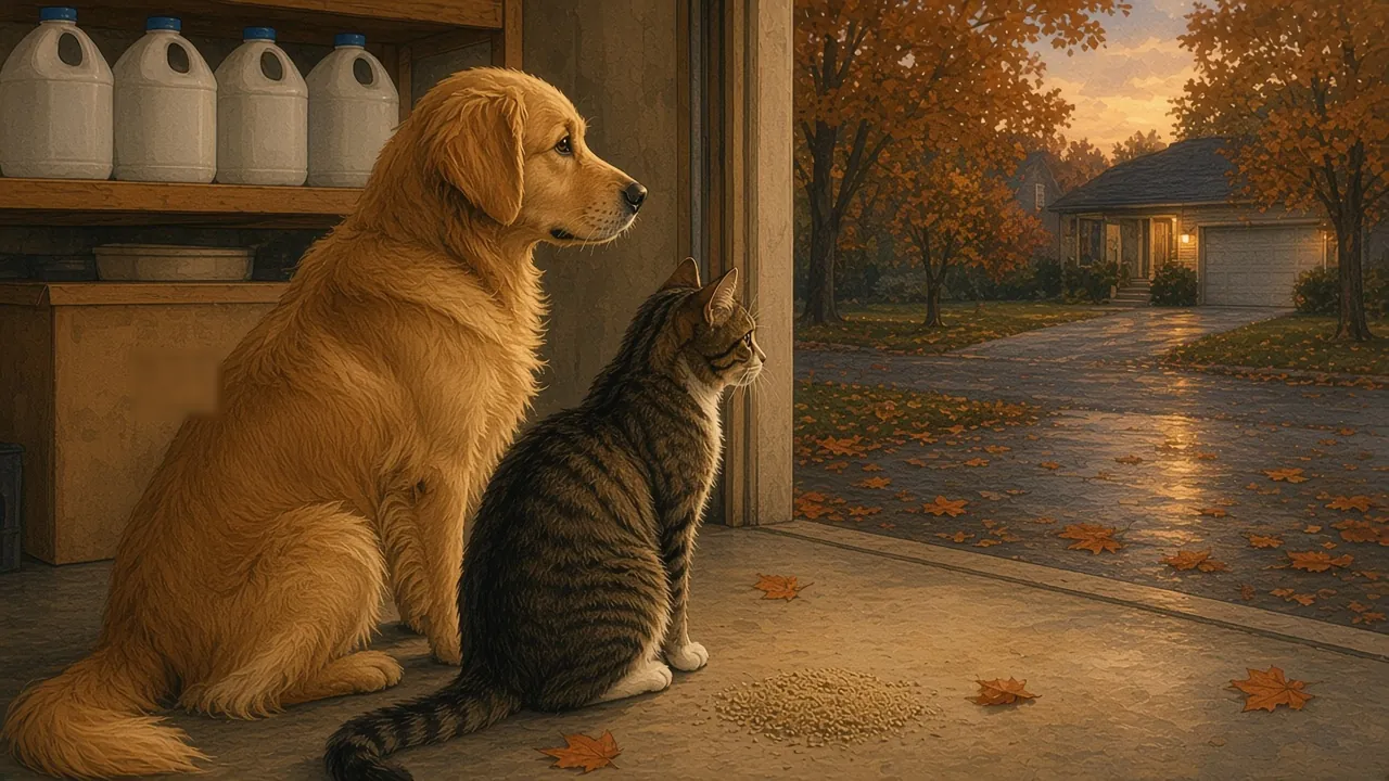 Illustration of a golden retriever and a tabby cat sitting in an autumn garage doorway, with closed jugs stored on a high shelf and cat litter covering a spill on the floor