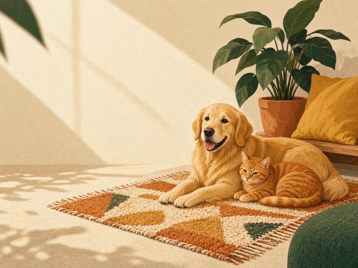 Illustration of a happy golden retriever and a cat lounging together in a sunny living room