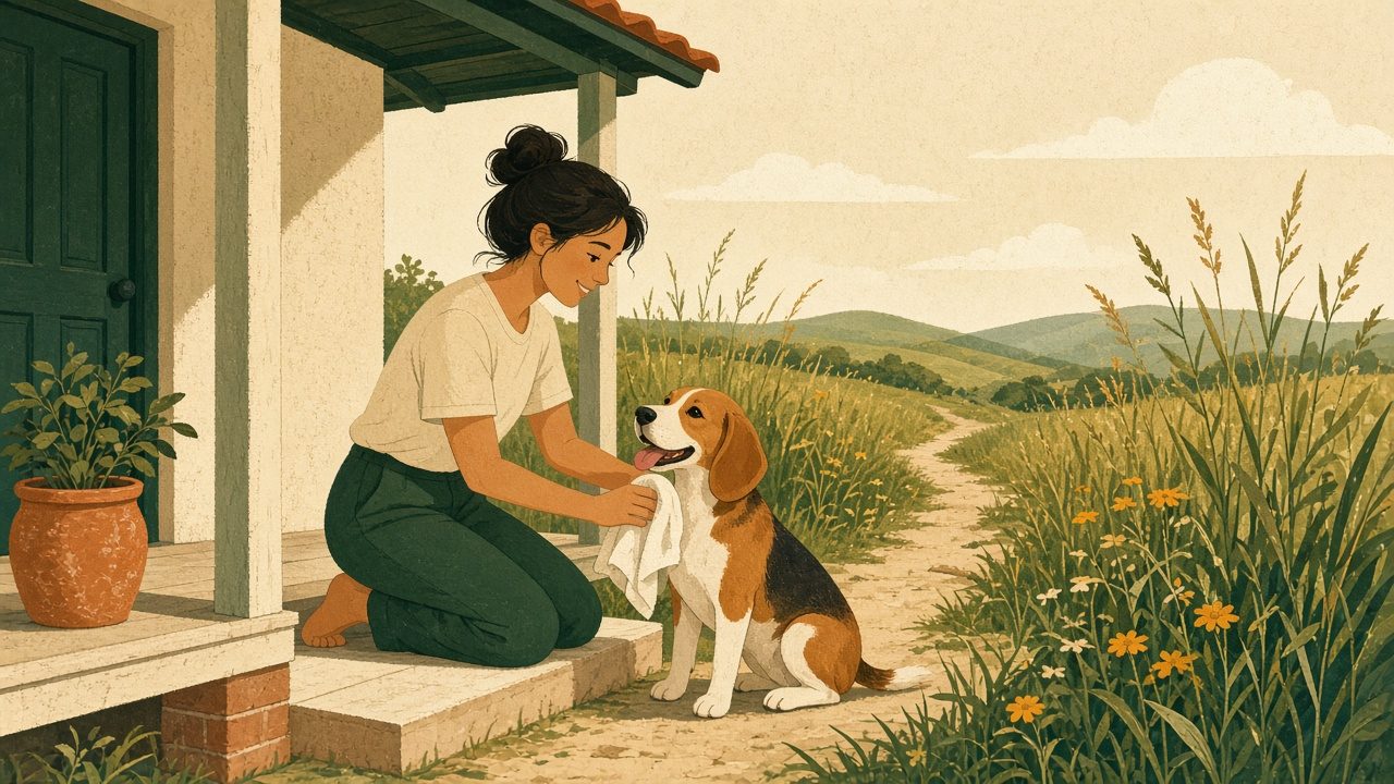 Illustration of a person wiping down a beagle on the porch after a walk