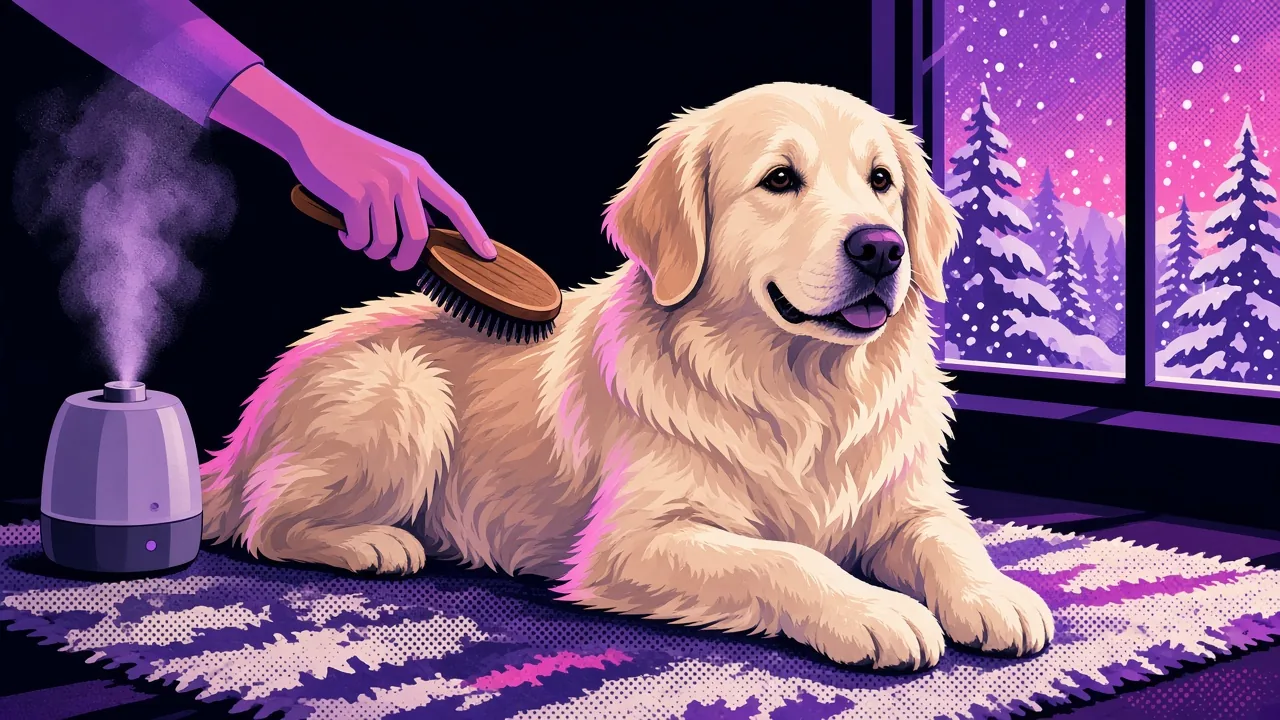 Illustration of a fluffy cream and tan dog relaxing on a rug while a hand brushes its coat with a wooden bristle brush, beside a small humidifier and a snowy window